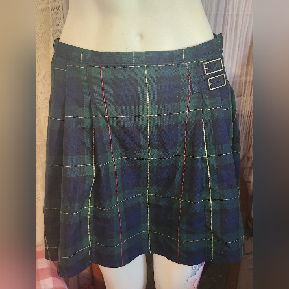Lands' End Navy Plaid Skater Skirt with Buckle Details